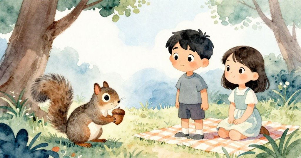 野餐現場漸趨平靜，雷夫與瑪倫帶著微笑注視，灰松鼠抱著橡實飛奔過草叢，結束忙碌一天。