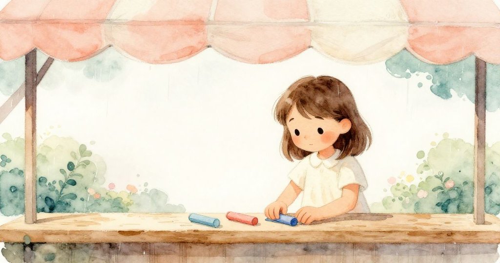 Odette 穿著簡單衣服，在戶外避雨棚下整理粉筆，背景淺色調輕柔雨絲中流露出期待與平靜的情緒。