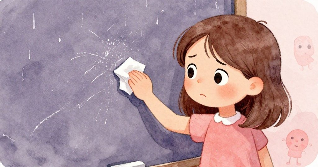 Odette 近景特寫顯示她在雨中用手輕拭模糊粉筆線條，臉上流露出專注與微妙沮喪的情緒，背景淡雅。