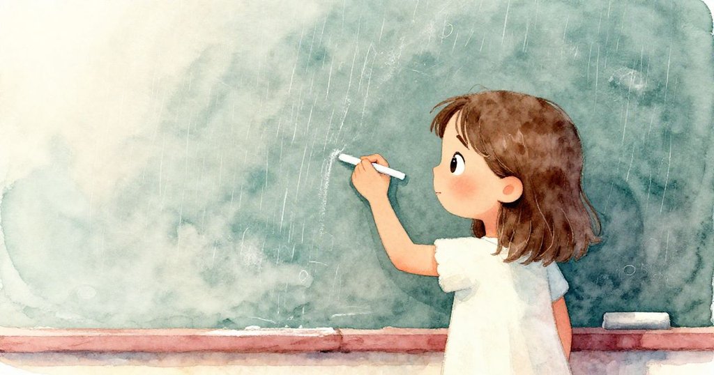 從後方望去，Odette 正專注繪畫，粉筆與雨水交織成朦朧線條，呈現夢幻且靜謐的戶外畫面。