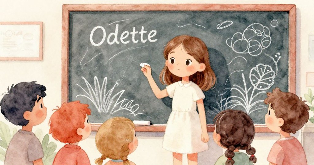 Odette 在戶外重新注視粉筆畫，旁邊兒童驚奇凝望，粉筆與水混製的獨特色彩交織出魔幻氛圍。