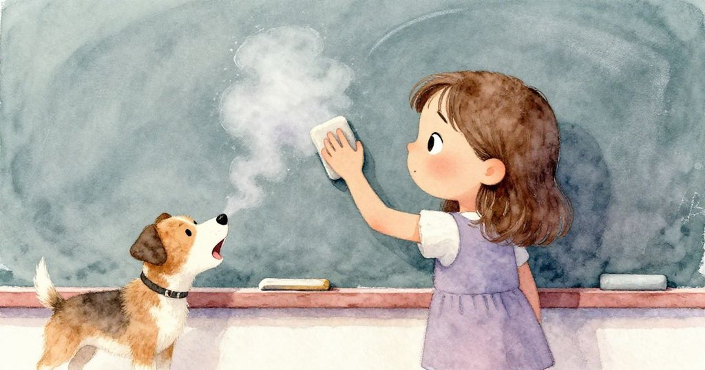 Odette 正奮力擦除濕潤粉筆痕跡，一旁小狗因塵霧噴嚏，畫面展現出挑戰與堅定的情感。