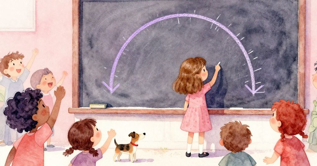 Odette 以最後一筆完成一道優美紫色粉筆弧線，旁邊兒童歡呼，小狗靜伴欣賞，展現出創作完美收官的喜悅。