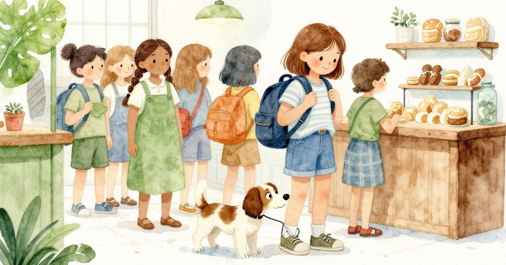 Tess在忙碌排隊中調整背包，小犬輕聞鞋帶，背景留白突顯動作，展現輕快期待情緒。