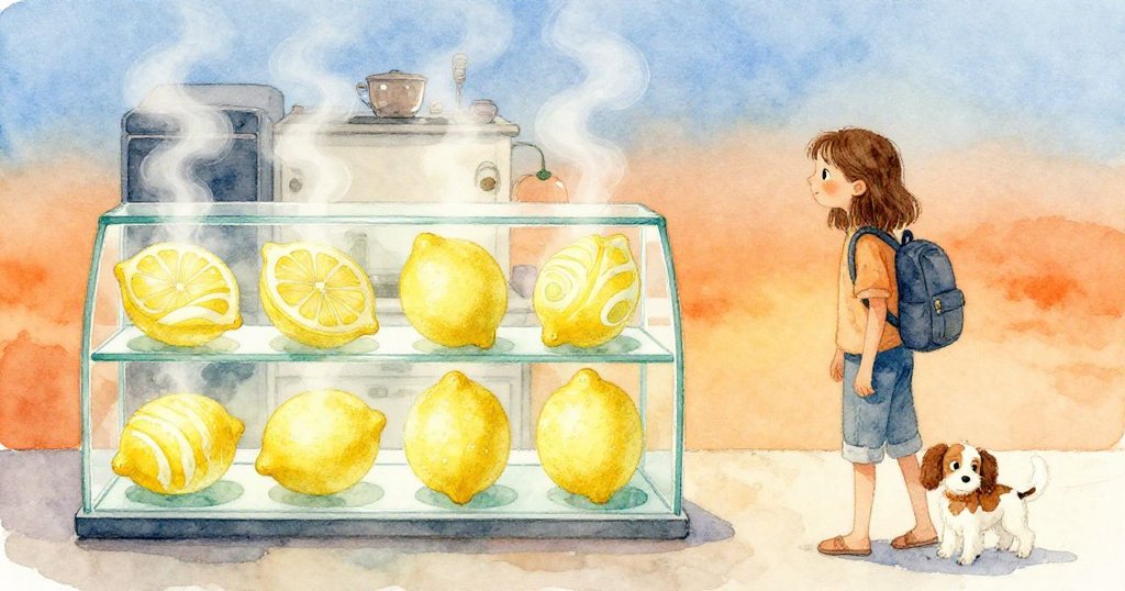 櫥窗內檸檬酥皮分兩列排列，廚房蒸氣緩緩升起，Tess與犬展現驚奇與期待情緒。