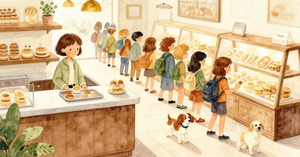 從高處俯瞰麵包店內部，Tess與Hope在有序隊伍中互動，環境細節豐富，充滿溫暖與寧靜情緒。