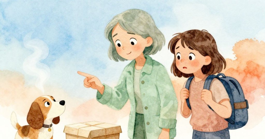 Hope 指著糕點盒縫隙擴大，Tess神色焦慮計劃受阻，犬輕嗅鞋帶，蒸氣中充滿懸念情緒。