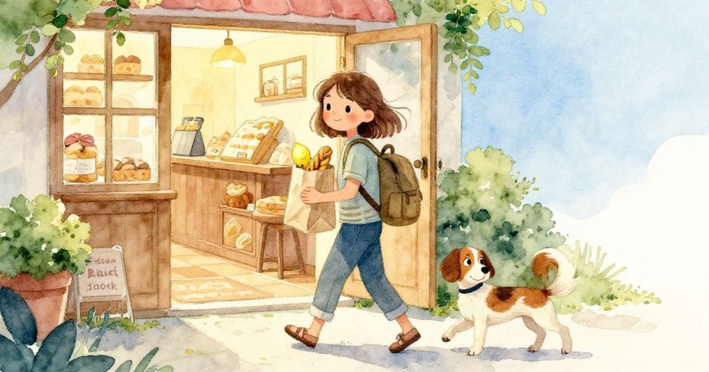 Tess攜著最後檸檬酥皮走出麵包店，犬隨後追步，門鈴輕響迎接外界微涼情緒，結局溫馨。