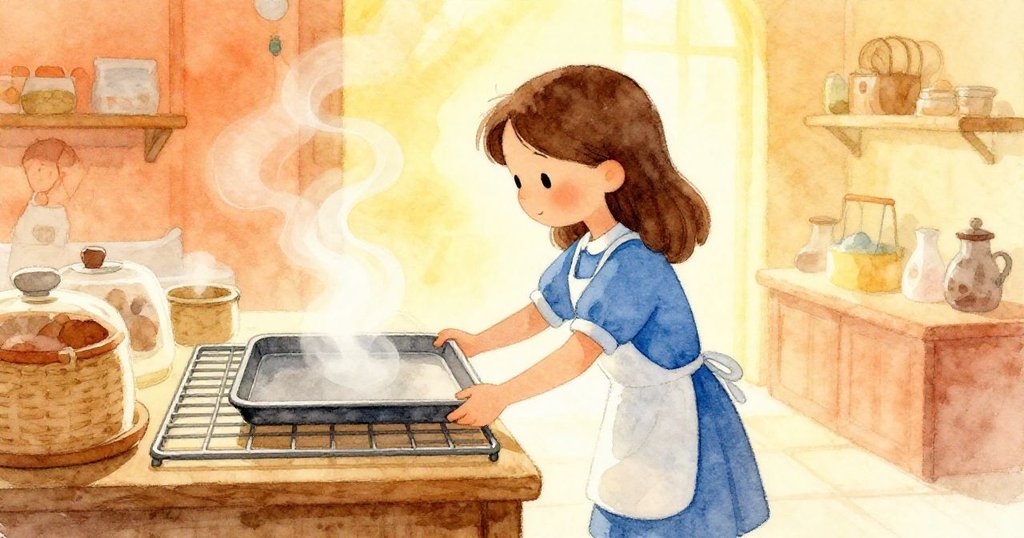 莉莉在溫暖的烘焙店中推動空托盤，蒸汽在背景中流動，展現新一天開始的期待與專注。