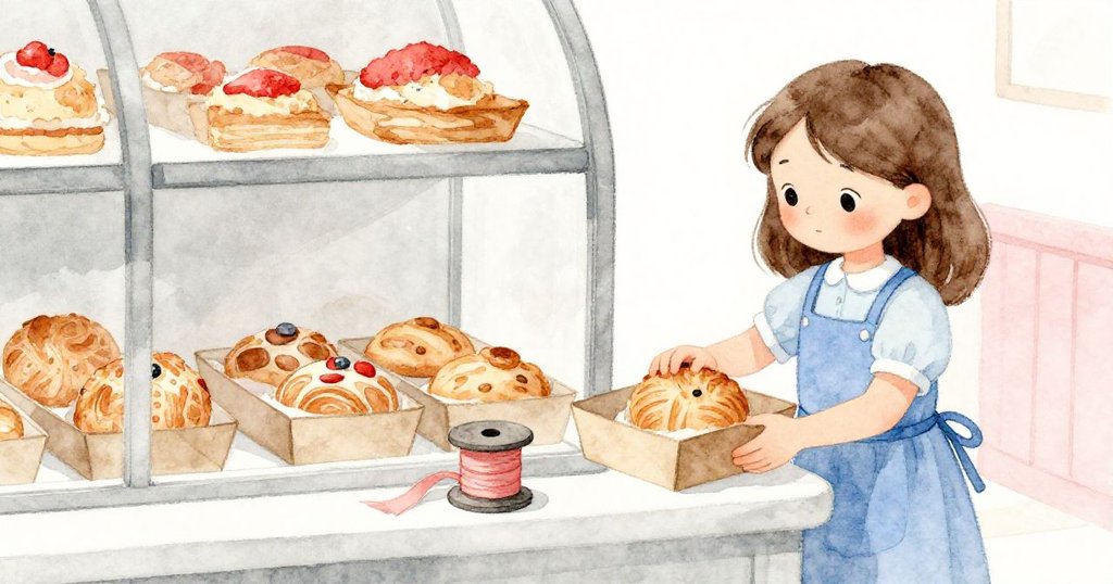 莉莉在寧靜櫃台上輕放新鮮糕點於紙盒中，絲帶捲盤靜靜待命，空白背景突顯細緻動作和溫馨氣氛。