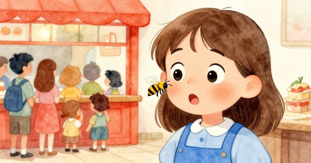 莉莉在烘焙店中驚喜注視，蜜蜂輕拂臉頰，細膩表情與背景顧客隊伍共同描繪溫馨動態。