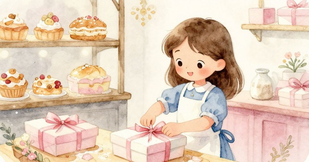 莉莉在烘焙店中以滿足微笑綁定包裝盒，絲帶粉末細節與花香輕點營造出溫馨慶祝氣氛。