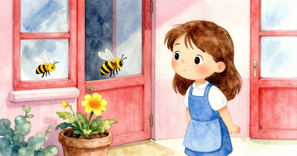 莉莉站於烘焙店門前注視蜜蜂盤旋於黃花盆邊，戶外明亮陽光與生機勃勃景致寓意續篇展開。