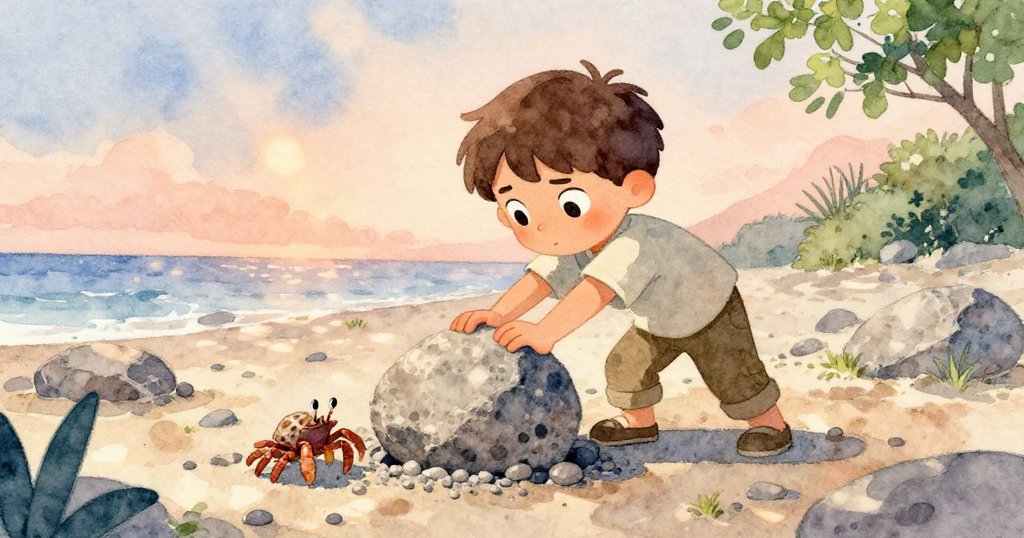 Felix站在岩石海灘上用力按壓巨石，海浪輕拍沙岸，螃蟹在旁跳動，臉上流露出決心與期待