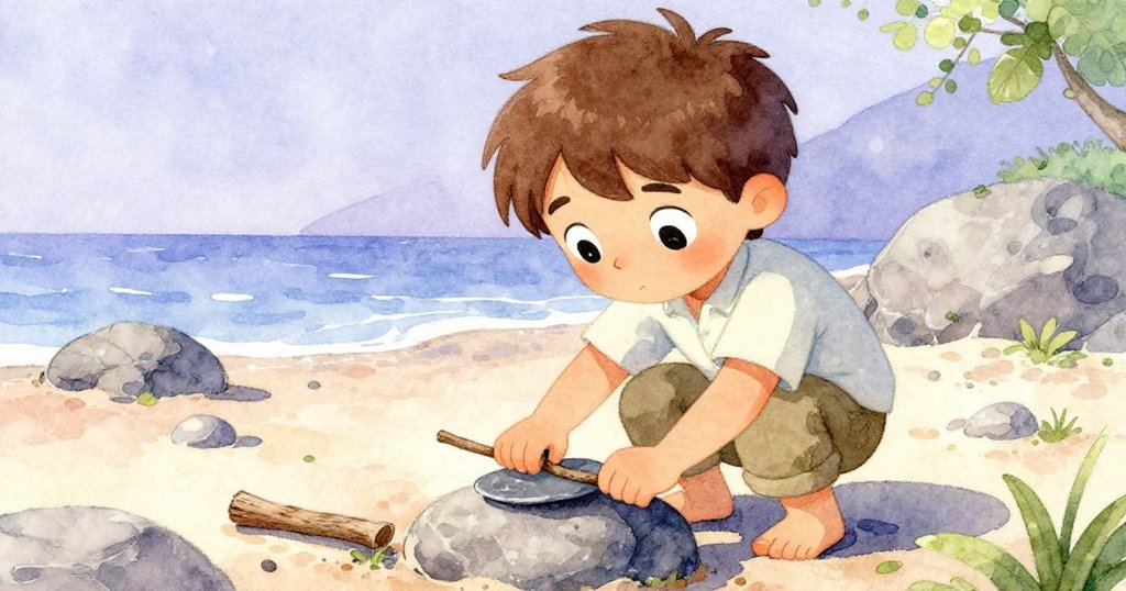 Felix專注用木枝輕推光亮的石片放在基石上，細緻手勢和堅定神情展示精心調整石堆的過程