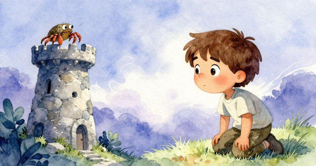 風起時，石塔輕輕擺動，螃蟹暫停敲石，Felix蹲下檢查堆石，眼中閃過擔憂與希望的光芒