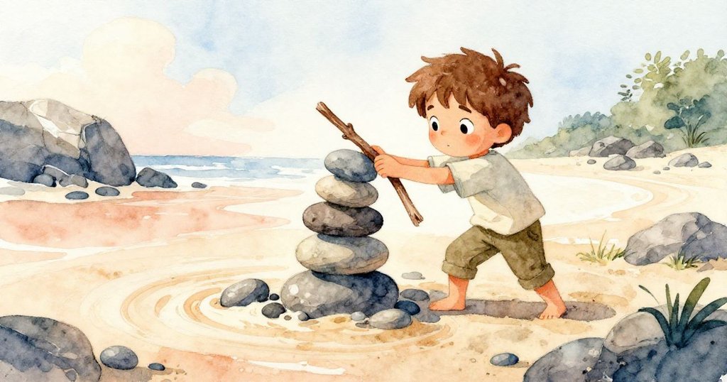 Felix用木枝努力調整搖動的石堆，風中沙粒飛揚、礫石滾動，夕陽金光下展現專注與堅持