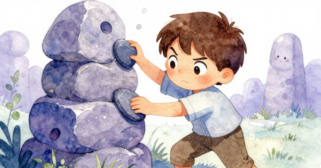 Felix專注決心地拔出中間光滑的石片，臉上刻著堅毅，細緻的手勢與搖曳石堆營造出緊張瞬間