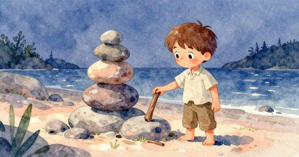 Felix在恢復平衡的石堆旁放下木枝，靜謐海灘與暮光交織，臉上露出滿足與寧靜的神情