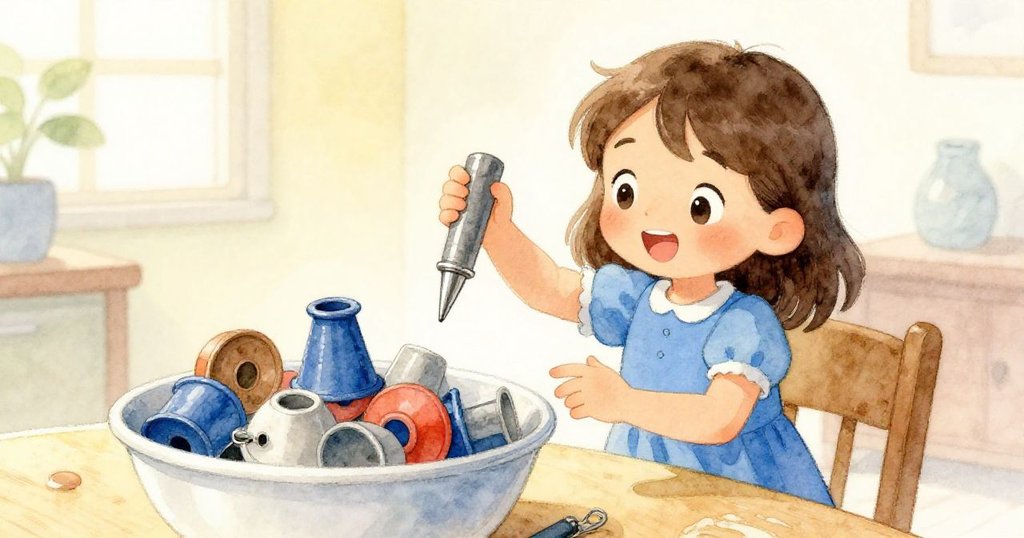 雅拉在晨光中於溫馨室內小心操作金屬尖端與夾具，桌上擺放著彩色遊戲部件，充滿期待情緒。