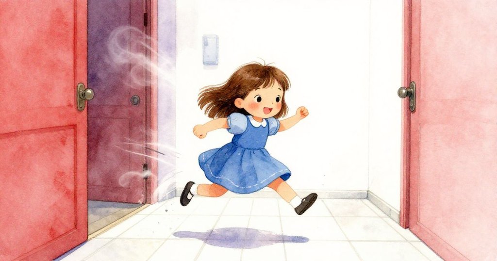 雅拉急速穿過瓷磚走廊，鞋子摩擦出聲響，背景中隱約透出廚房蒸氣，展現緊張與期待。