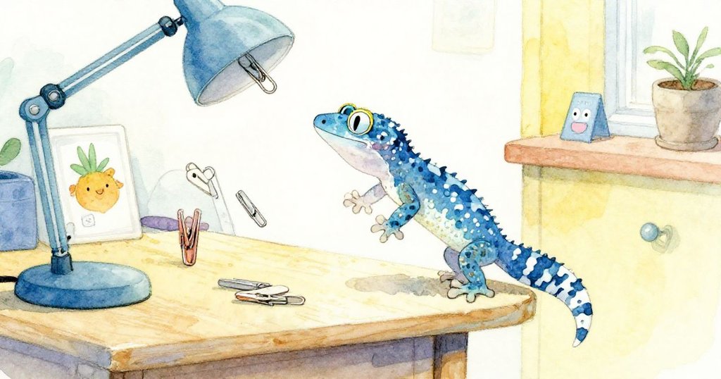 斑點壁虎驟然從窗框跳向工作台，牽動夾具與圓盤散落，展現家庭場景中的驚訝與動感。