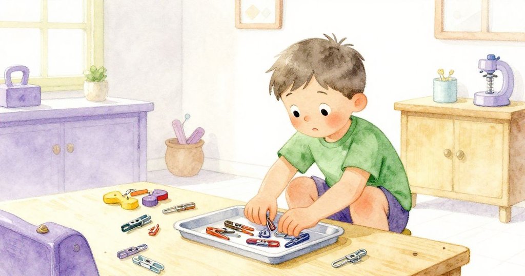 布拉姆蹲下用雙手仔細收集散落夾具，背景暖光中流露出專注與內心的慶祝情緒。