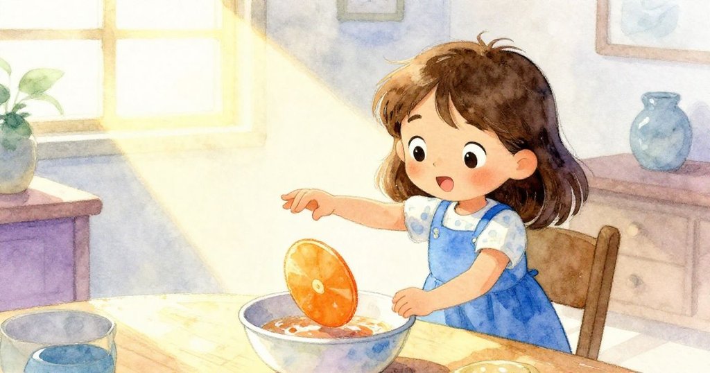 雅拉回至桌邊，細致觸碰擺放於碗中橙色圓盤，陽光斑駁映照，表情專注充滿希望。