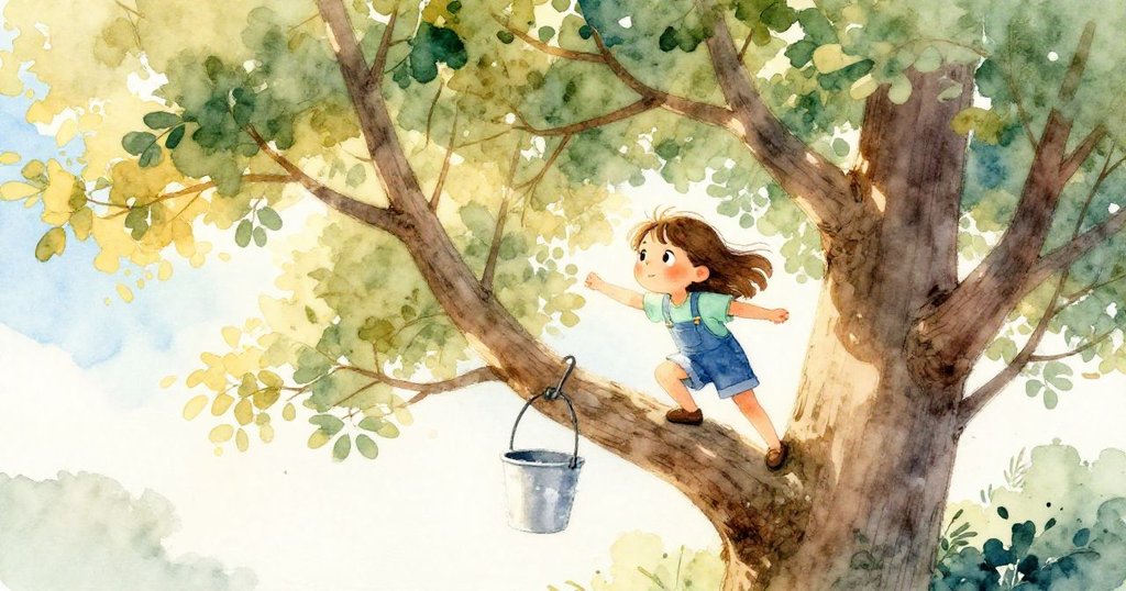 伊芙在金色午後攀爬樹枝，身影清晰對比明亮天空，展現勇敢冒險，樹枝環繞背景豐富自然