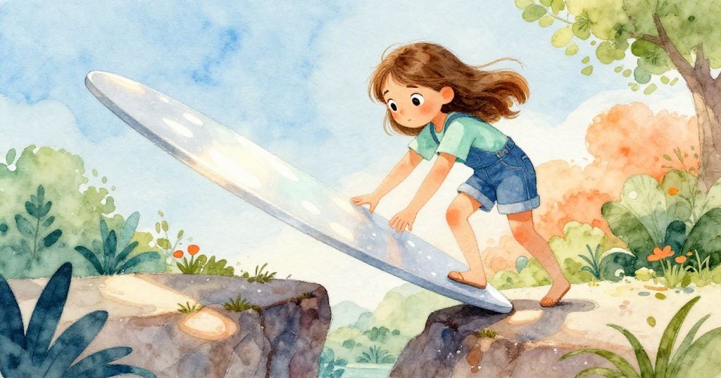 伊芙一腳踏上潮濕平台平衡木板，糖霜在光影中閃耀，畫面傾斜展現緊張冒險瞬間