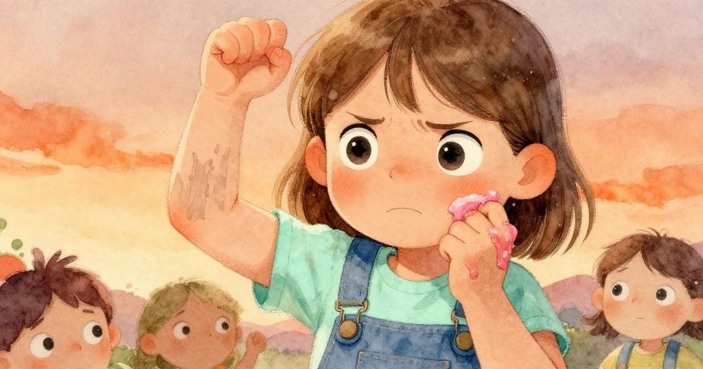 伊芙面露堅毅與沮喪，前臂被粗糙樹皮劃傷，手指滑落糖霜展現內心掙扎情感豐富