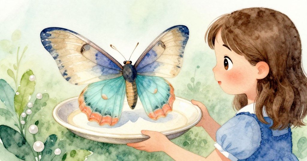 Winona背對觀眾，伸手觸碰托盤邊緣，細看飛蛾翅膀由米色變為深藍，流露出驚奇與細膩情感。