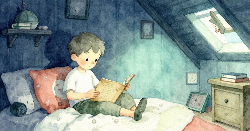 Basil在溫柔懷舊的樓上房間內翻閱筆記，溫暖柔光映出他思緒萬千的神情，背景散發淡藍記憶色彩。