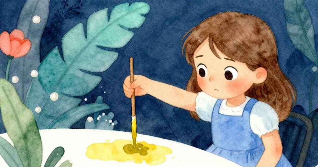 Winona滿懷決心將沾舊漆的工藝棒蘸入剩餘黃漆中，神情專注展現創作瞬間，顏色悄然變成柔和橄欖綠。