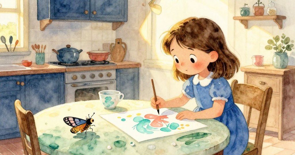 在夕陽金光映照下，Winona欣賞桌上變化的藝術品，微笑滿足，旁邊的飛蛾靜靜休息，室內充滿溫馨光輝。