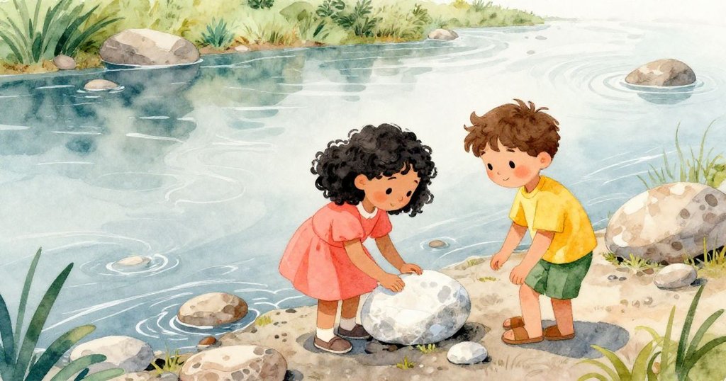 June在河邊探索石頭，Hector在旁關注，水面銀光閃爍，陽光溫暖，充滿好奇和期待