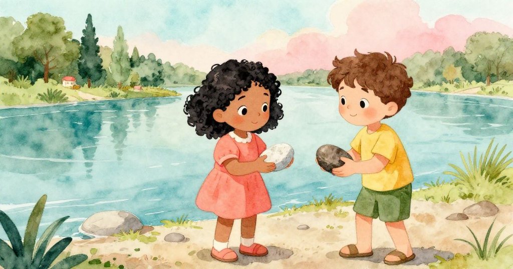 June小心放置白色基石，Hector握著深色石塊，河邊光影柔和，展現創意與對比