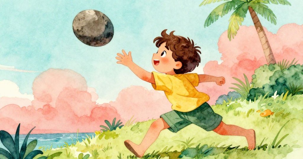 Hector迅速抓住傾斜石頭，動作果敢，背景風輕拂河岸，充滿活力與趣味