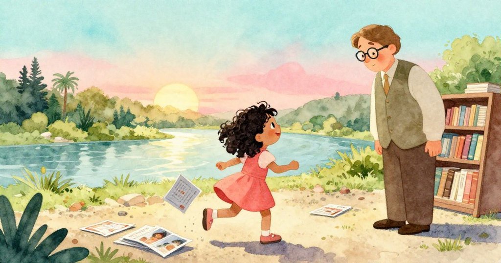 June急步於乾礫河堤拾回散落宣傳單，旁邊圖書管理員手提布袋慌亂，日光溫暖