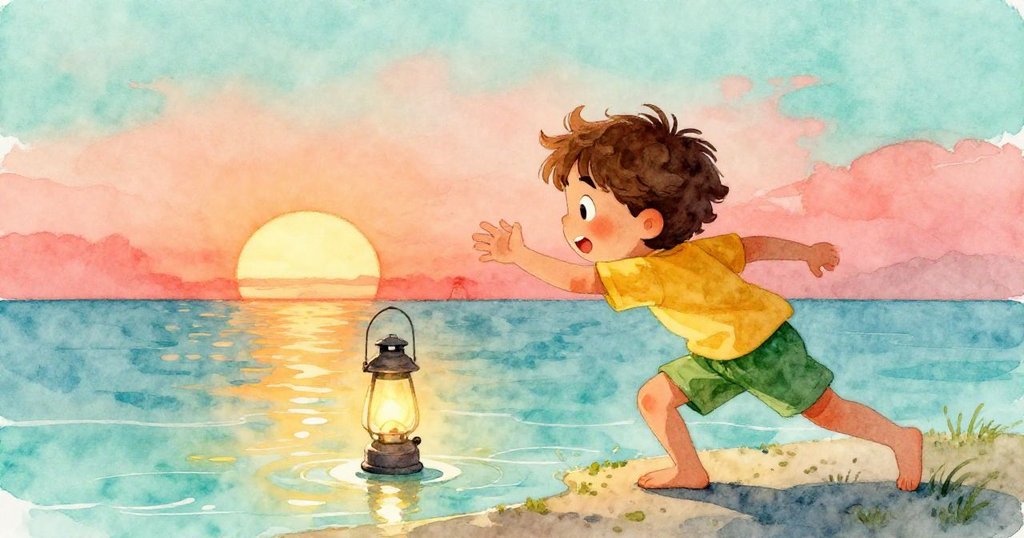 Hector奮力撲向逐漸滾向積水的燈籠，神情堅定，夕陽映照下風勢強烈，緊張氛圍濃