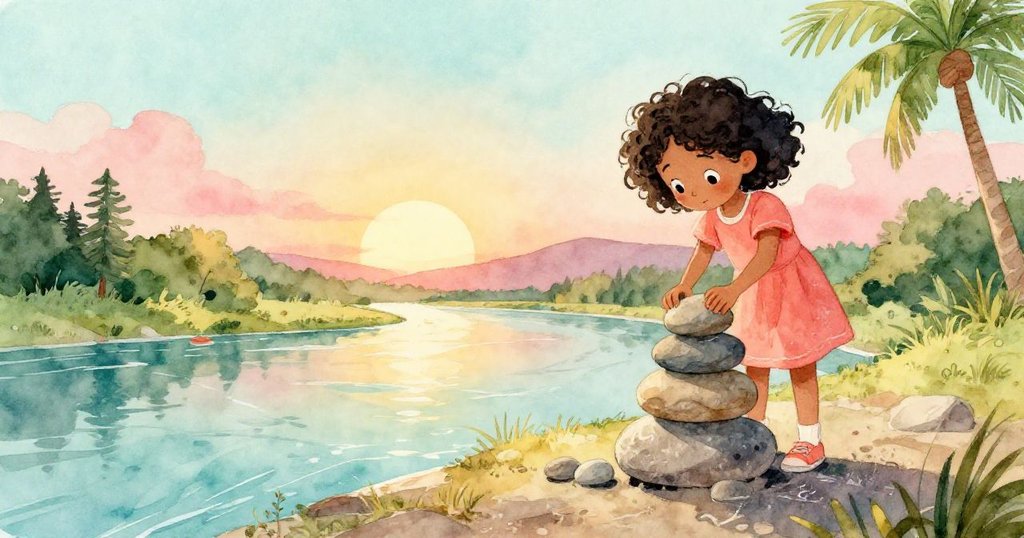 June專注調整石塔頂石，層疊石頭上有微白擦痕，夕陽下河畔寧靜展現勝利與希望