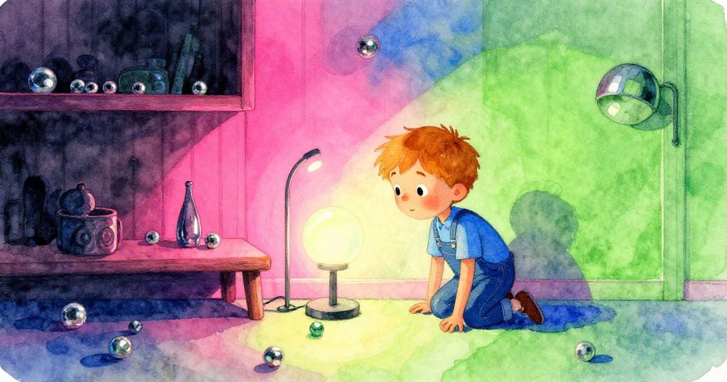 加雷斯蹲在發射架下，燈光形成明暗對比，房間呈現霓虹粉與電藍調，充滿期待與專注。