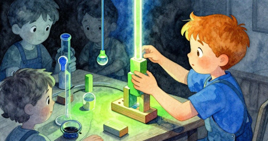 從加雷斯身後觀景，他正調整木塊，桌面映出酸綠色光線，充滿實驗感與謹慎。