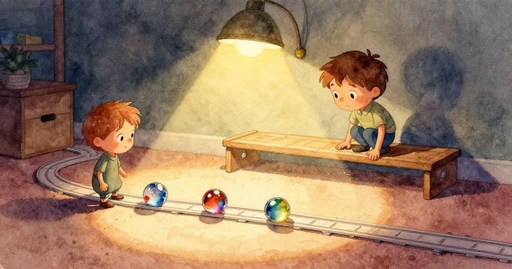 奇幻構圖中玻璃球軌跡交錯，加雷斯凝神凝視，霓虹粉與銅銀交織出夢幻空間。