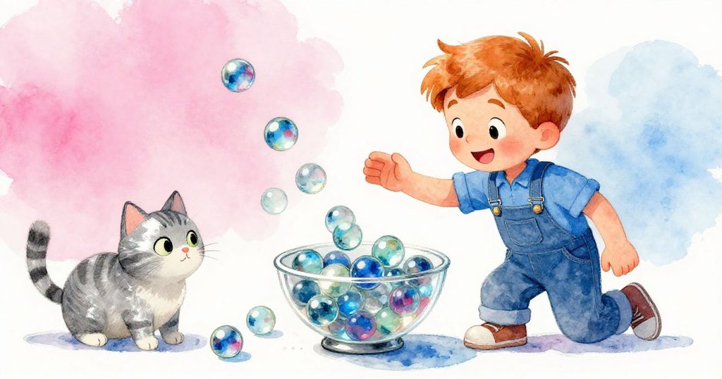 加雷斯面向落實目標，玻璃球在發射盤落盤中發出歡笑回聲，貓陪伴著溫暖場景。