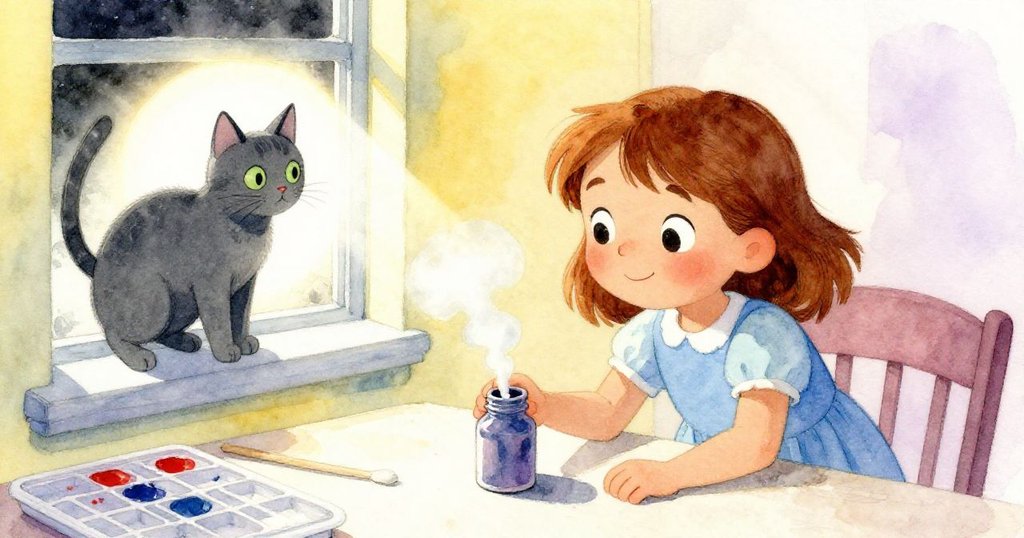 六月在室內桌邊探看打開的漆瓶，淡色煙霧飄散，鋼灰貓在窗邊警覺注視，情緒好奇而專注。