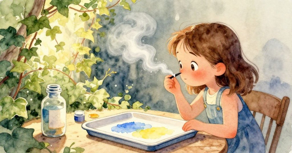 六月正小心混合顏料，她的手握著木製攪拌棒，特寫展示著富有層次的網格與明亮色彩，情感專注細膩。