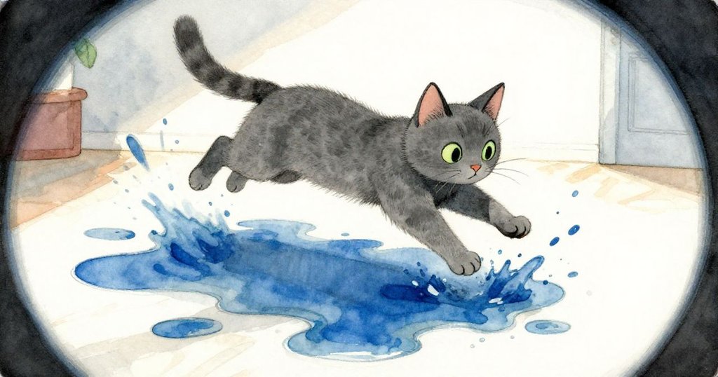 鋼灰貓在室內驟跳，擾亂漆盤形成動感飛濺，變形視角突顯動作與混亂，情緒緊張而充滿活力。