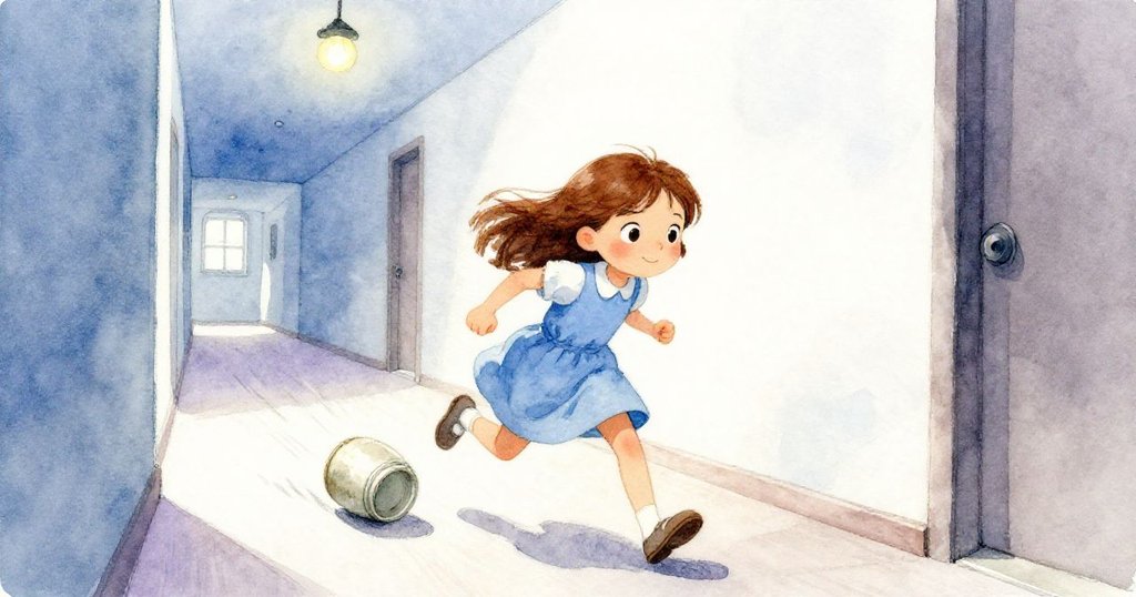 六月在走廊中奔跑追逐著滾動的小罐，藍灰光線映襯下場景充滿急迫與過渡感，情緒堅定而活躍。