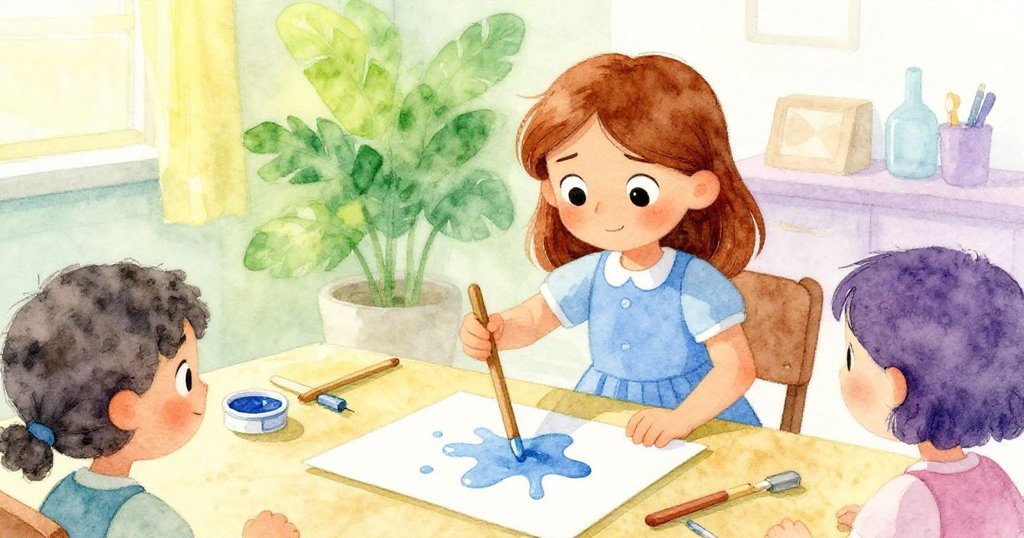 六月回到現場，專注調色處理溢出的綠漆，木製攪拌棒與散落工具群聚如同學習團隊，情緒認真細緻。